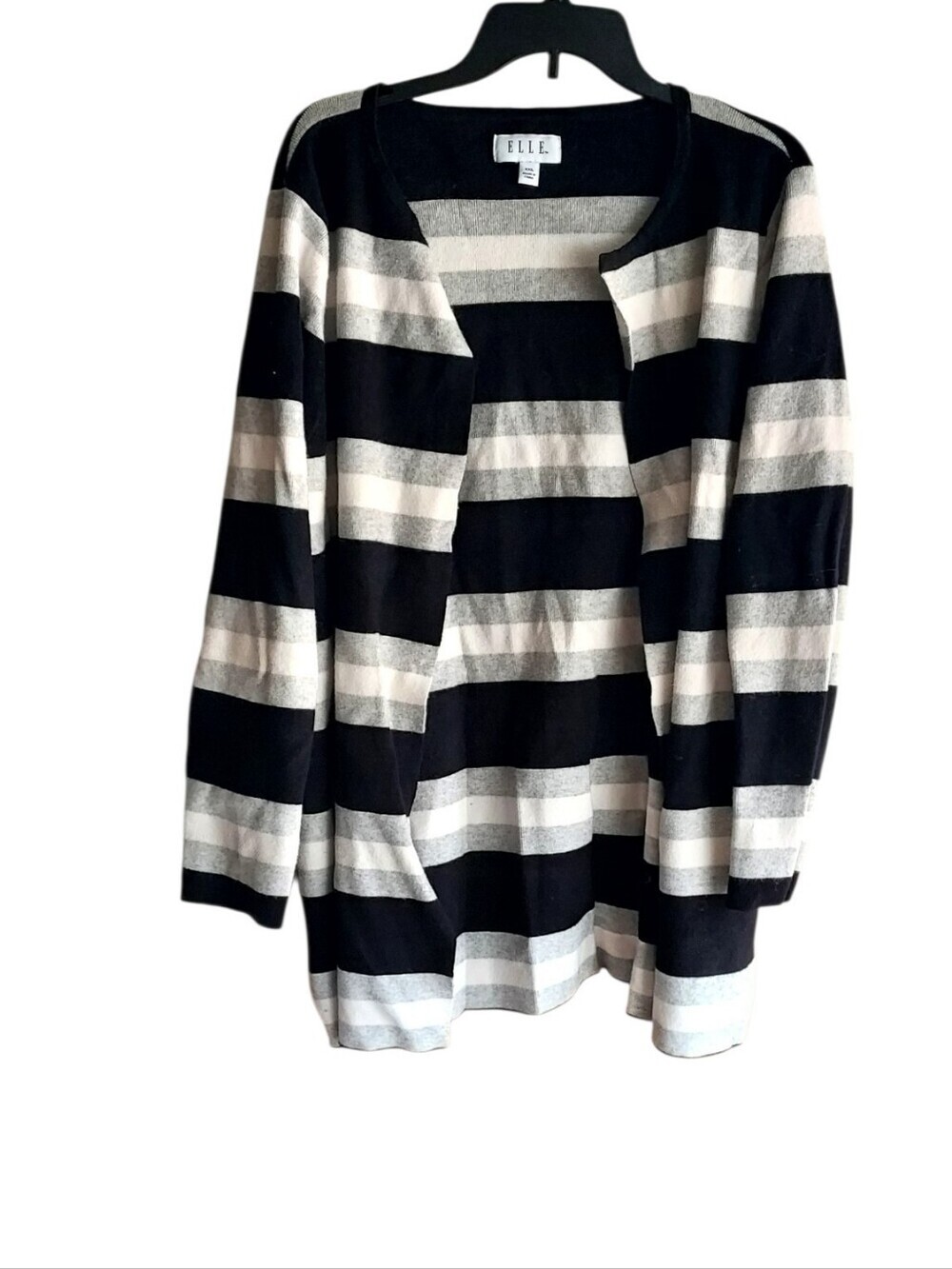 Elle Black and Cream Striped Open Cardigan Sweater